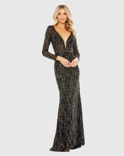 Mac Duggal Black Embellished Long Sleeve Plunge Trumpet Gown In Black Multi