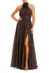 Mac Duggal Black Floral Chiffon 3d Flower High Neck Evening Gown In Multi