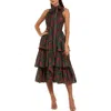 Mac Duggal Black Floral Chiffon Tiered Midi Dress With Neck Bow In Brown
