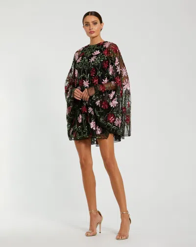 Mac Duggal Black Floral Embellished Cape Mini Dress In Black Multi