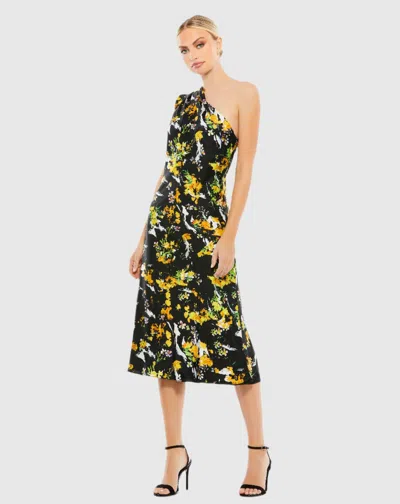 Mac Duggal Black Floral Print Draped One Shoulder Midi Dress In Multi