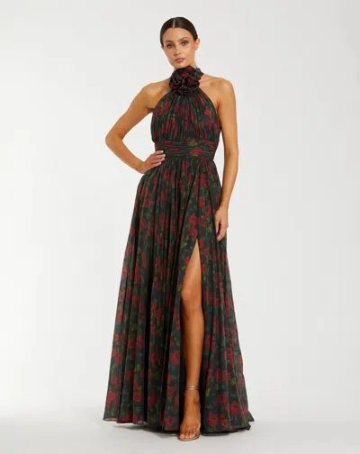 Mac Duggal Black Floral Print Halter Neck Gown With Rosette In Black Multi
