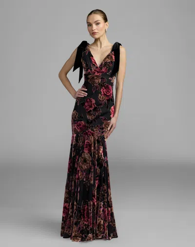 Mac Duggal Black Floral Velvet Mermaid Gown With Bows In Black Multi