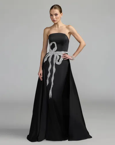 Mac Duggal Black Strapless Embellished Satin Gown With Overskirt In Black White