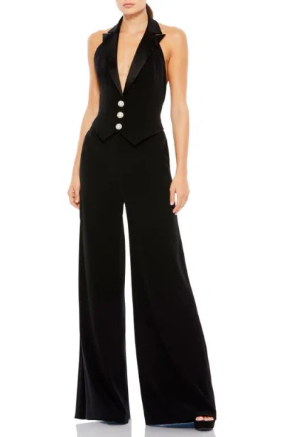 Mac Duggal Black Tuxedo Halter Jumpsuit