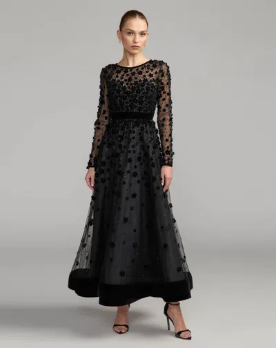 Mac Duggal Embellished Illusion Neck Long Sleeve Ankle Dress In Black