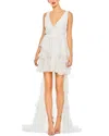 Mac Duggal Built In Bodysuit Tiered High Low Gown In White