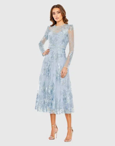 Mac Duggal Blue Embellished Illusion Long Sleeve Midi Dress In Powder Blue