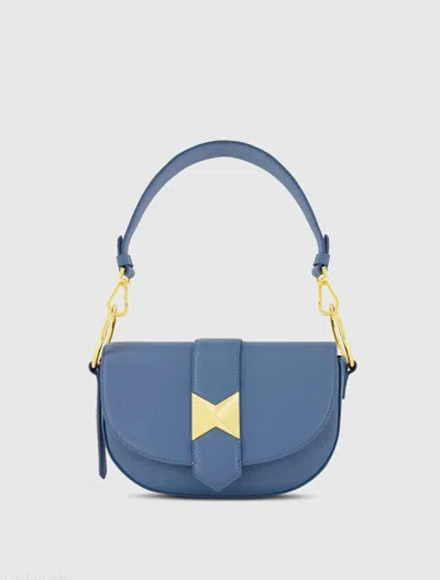 Mac Duggal Blue Grain Leather Saddle Bag With Gold Hardware In Twilight