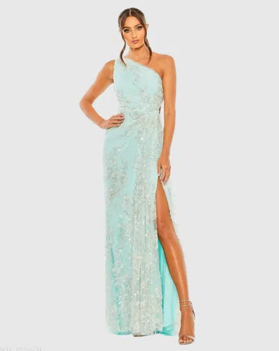 Mac Duggal Blue One Shoulder Side Cut Embellished Gown In Mint