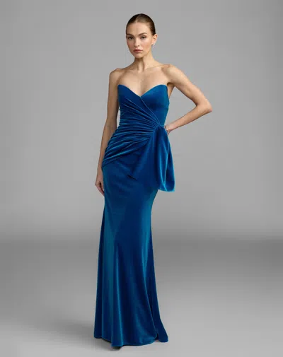 Mac Duggal Blue Strapless Velvet Draped Column Gown In Cobalt