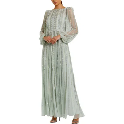 Mac Duggal Boat Neck Long Sleeve Gown With Striped Beading In Mint