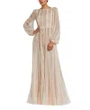 Mac Duggal Boat Neck Long Sleeve Gown With Striped Beading In Peach