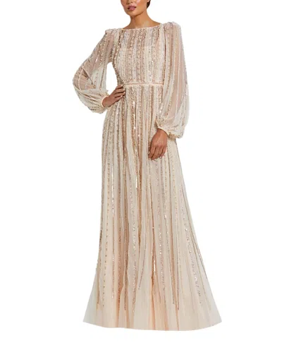 Mac Duggal Boat Neck Long Sleeve Gown With Striped Beading In Peach