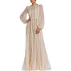 Mac Duggal Boat Neck Long Sleeve Gown With Striped Beading In Peach