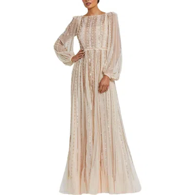 MAC DUGGAL MAC DUGGAL BOAT NECK LONG SLEEVE GOWN WITH STRIPED BEADING