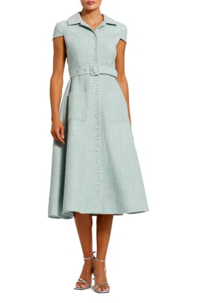 Mac Duggal Boucle Cap Sleeve Button Up Midi Dress In Seafoam