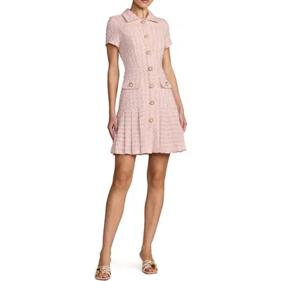 Mac Duggal Bouclé Cap Sleeve Button Up Pleated Mini Dress In Pink
