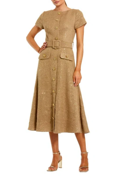 Mac Duggal Boucle Cap Sleeve High Neck Button Up Midi Dress In Brown
