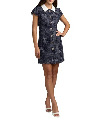 Mac Duggal Boucle Cap Sleeve Mini Dress With Flower Details In Blue