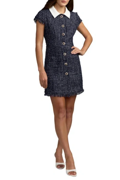Mac Duggal Boucle Cap Sleeve Mini Dress With Flower Details In Navy
