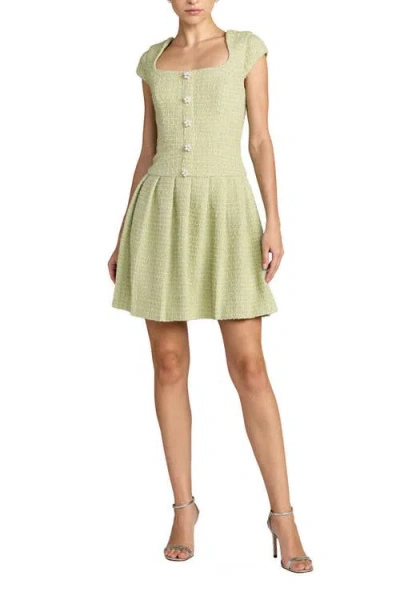 Mac Duggal Boucle Cap Sleeve Pleated Skirt Mini Dress In Green
