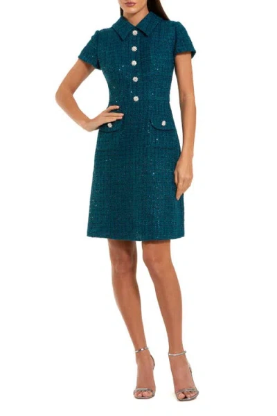 Mac Duggal Boucle Collared Button Up Mini Dress In Blue