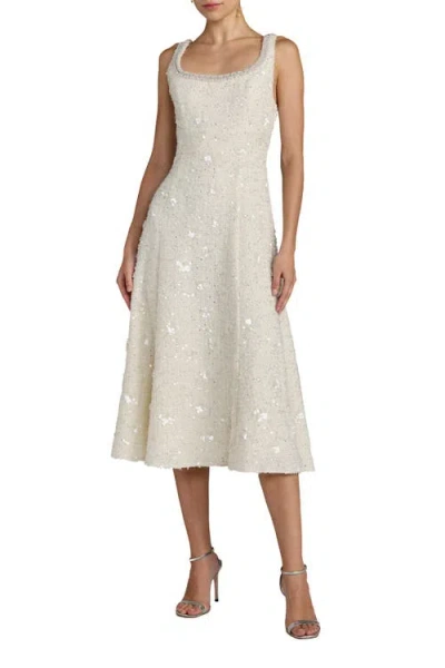 Mac Duggal Boucle Embellished Square Neck A Line Midi Dress In White