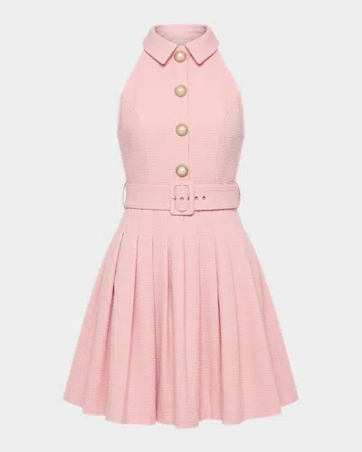 Mac Duggal Pleated A Line Mini Dress With Pearl Button Detail In Pink