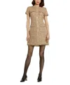 Mac Duggal Boucle Short Sleeve Button Down Mini Dress With Pockets In Latte Multi