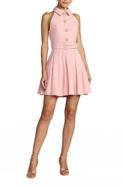 Mac Duggal Boucle Sleeveless Button Up Pleated Mini Dress In Pink