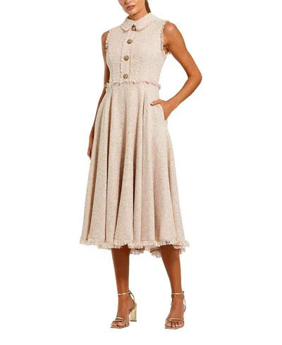 MAC DUGGAL BOUCLE SLEEVELESS COLLARED BUTTON UP MIDI DRESS