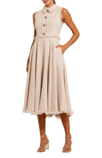 Mac Duggal Bouclé Sleeveless Collared Button Up Midi Dress In Pink