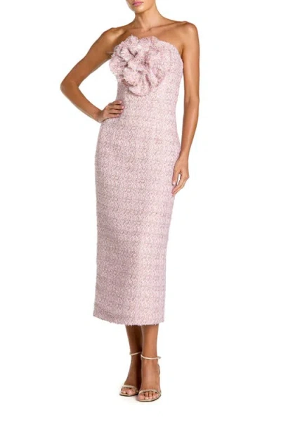 Mac Duggal Boucle Strapless Midi Dress With 3d Flower In Pink