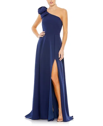 Mac Duggal Bow Detail One Shoulder Thigh-high Slit A Line Gown In Midnight