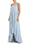 Mac Duggal Bow Embellished Mesh One Shoulder High Low Gown In Powder Blue