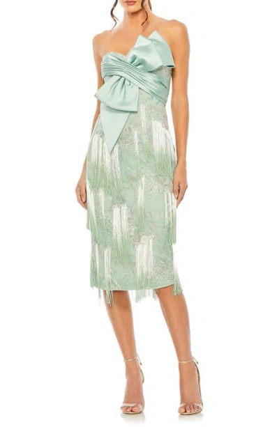 Mac Duggal Bow Front Strapless Fringe Midi Dress In Sage