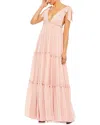 Mac Duggal Tiered V-neck Plunging Maxi Dress In Gold