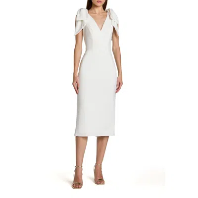 Mac Duggal Bow Strap Crepe Fitted Midi Dress In White