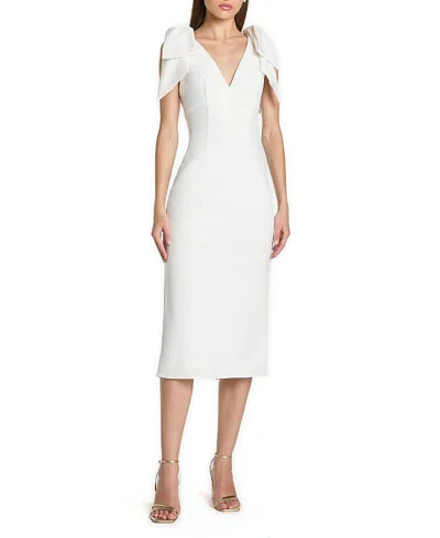 Mac Duggal Bow Strap Crepe Fitted Midi Dress In White