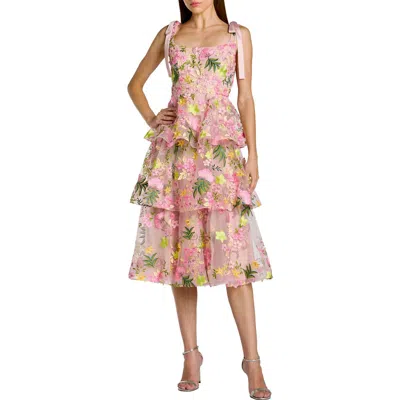Mac Duggal Bow Strap Floral Embroidered Ruffle Midi Dress In Multi