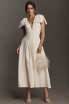 Mac Duggal Bow-strap V-neck Crepe Fit & Flare Midi Dress In White