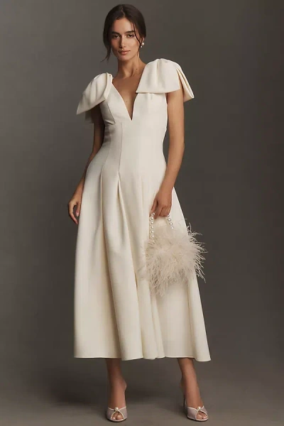 Mac Duggal Bow-strap V-neck Crepe Fit & Flare Midi Dress In White