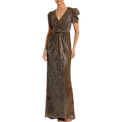 MAC DUGGAL MAC DUGGAL BOW WAISTED CAP SLEEVE METALLIC GOWN