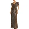 Mac Duggal Bow Waisted Cap Sleeve Metallic Gown In Brown