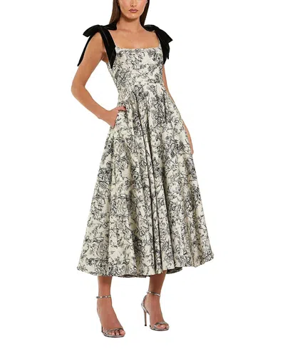 Mac Duggal Brocade A Line Midi Dress With Bow Straps In Black