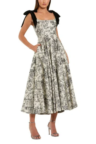 Mac Duggal Brocade A Line Midi Dress With Bow Straps In Multi