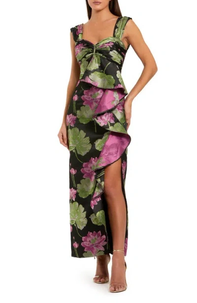 Mac Duggal Brocade Cap Sleeve Ruffle Ankle Dress In Black