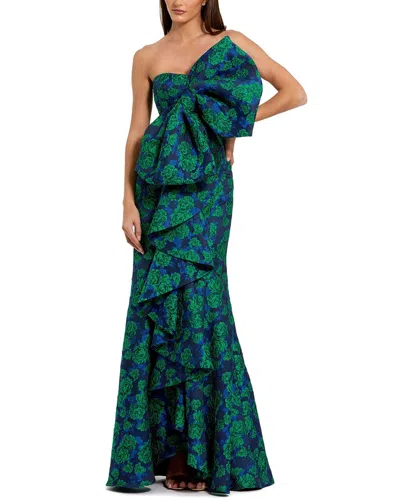 Mac Duggal Strapless Brocade Oversized Bow With Ruffle Fitted Gown In Emerald Multi