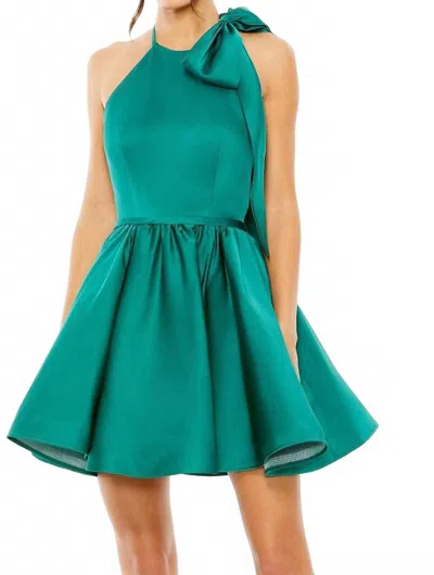 Mac Duggal Brocade Halter Bow Neck Sleeveless Full Skirt Mini Dress In Emerald In Green
